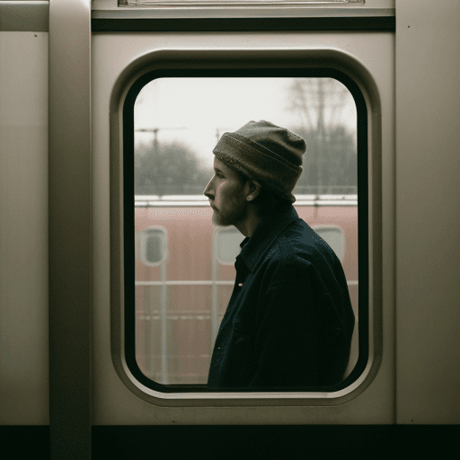 AI generated: a man looking out the window of a train, a poster inspired by Silvia Pelissero, unsplash, arte pover...
