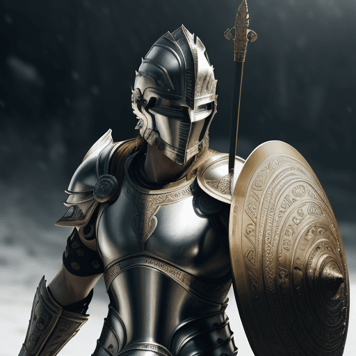 AI generated: Male spartan warrior in a battle ground, facing camera, finely detailed helm, armor, spear and shiel...