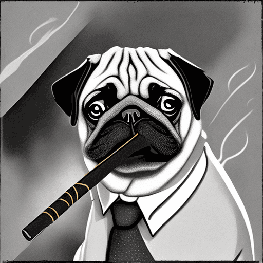 AI generated: a medium quality digital painting of a Pug gangster from the 1920s, smoking a cigar, black and white...