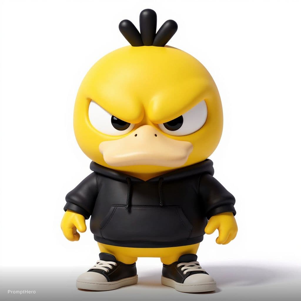 AI generated: A stylized, cool reimagining of this yellow duck character. 3D high-quality toy style, wearing a str...
