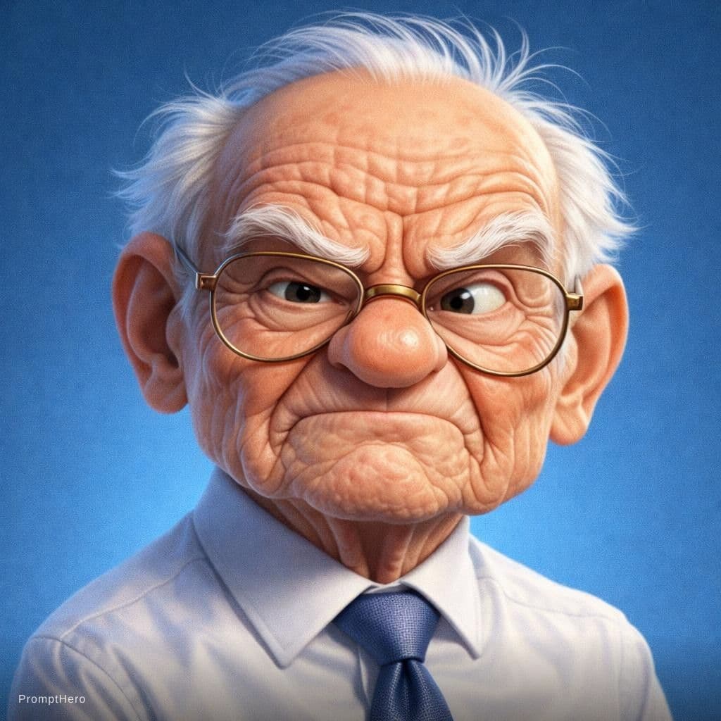 AI generated: Expressive caricature in pixar style unreal charming seemingly mischievous irritated very old man wi...
