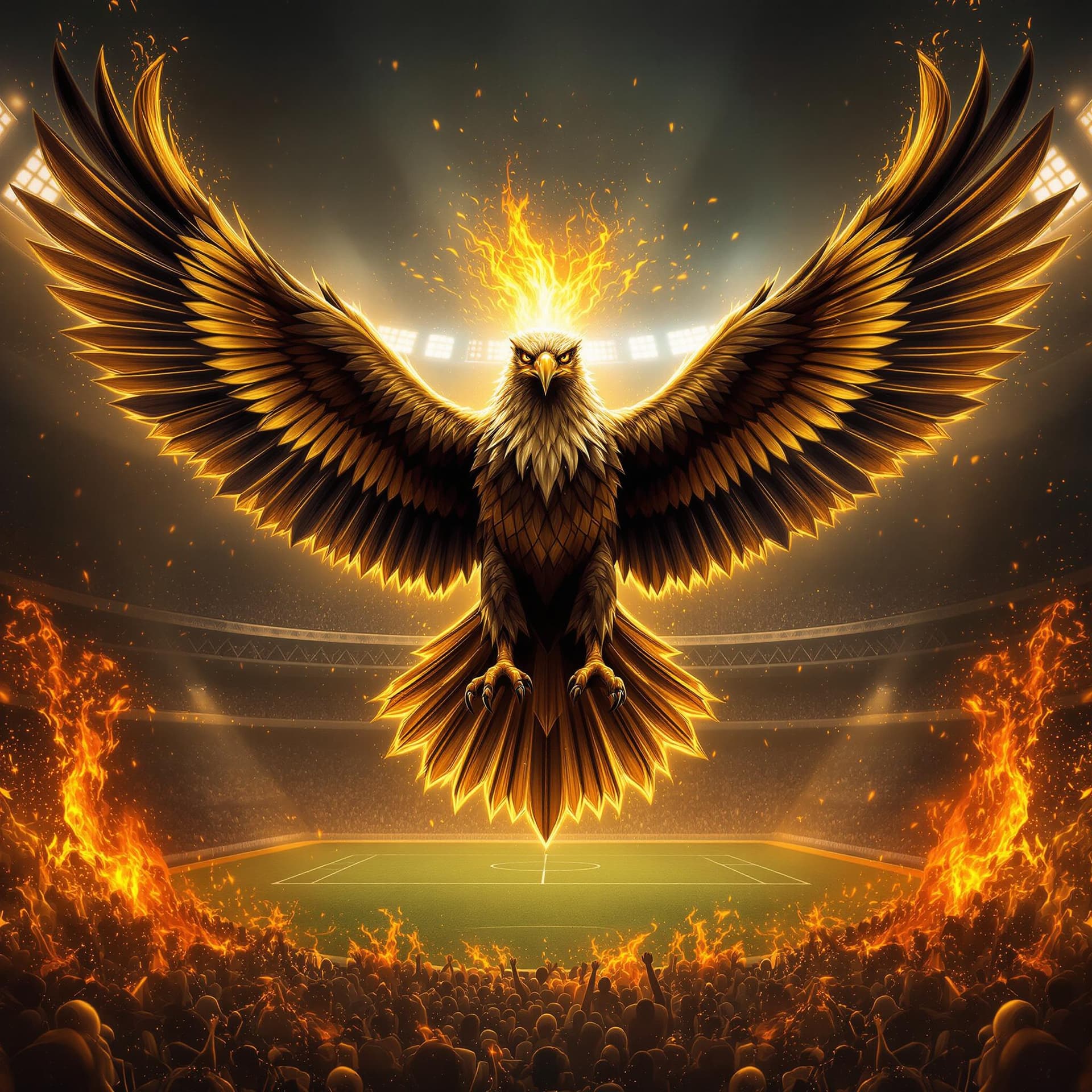 AI generated: "A majestic Garuda eagle soaring proudly above a soccer field, captured in a dynamic pose with its w...