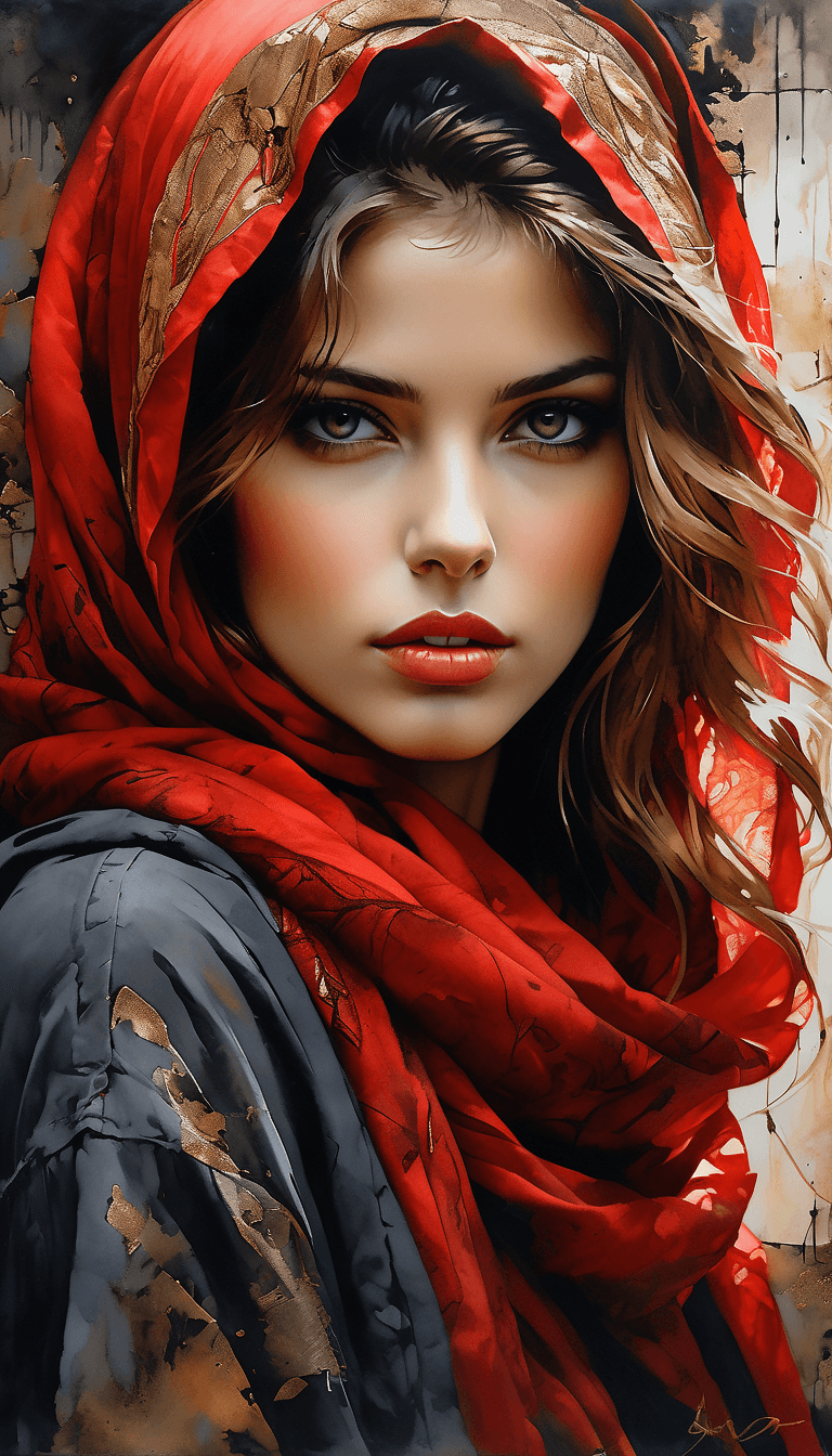 AI generated: breathtaking portrait of a gorgeous girl, sultry, red scarf, dark gold and black, gossamer fabrics, ...
