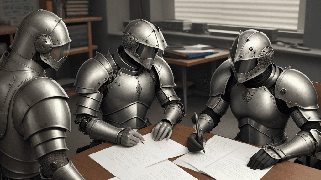 AI generated: human male Armoured warriors writing in a secret lab, 
