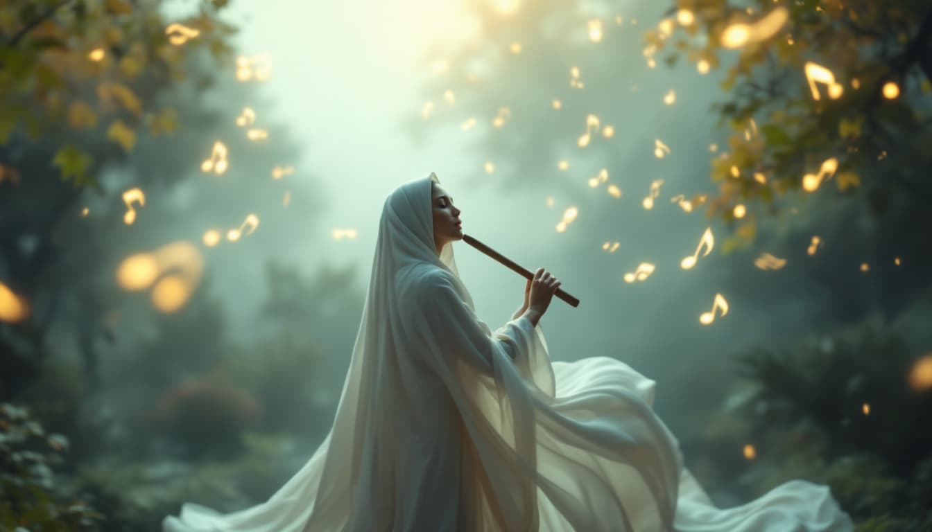 AI generated: Prompt: A woman in a flowing white chador plays a reed flute in a misty garden, Sufis whirl around h...