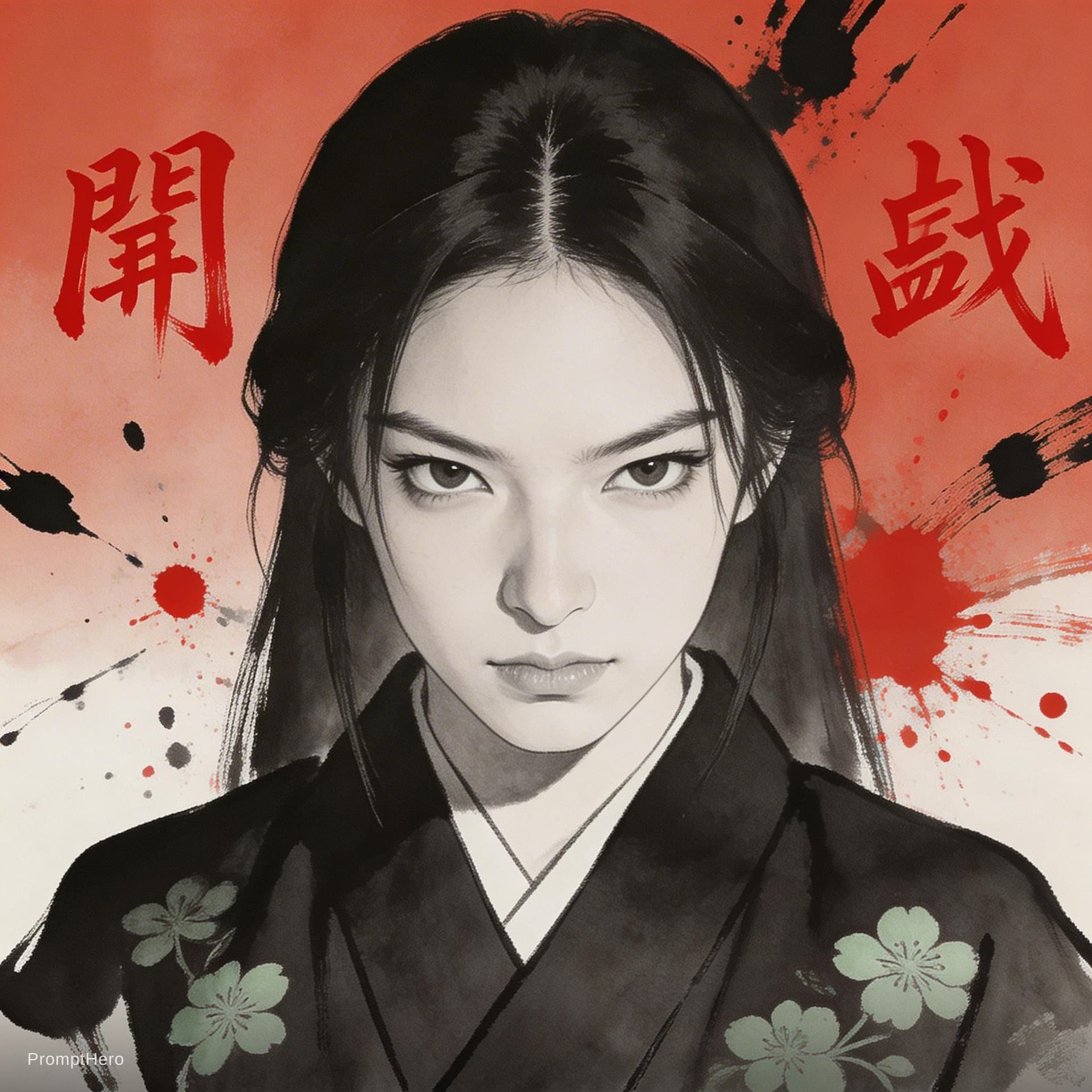 AI generated: Portrait of a young Japanese woman in neo-traditional ink style, dramatic chiaroscuro lighting, head...