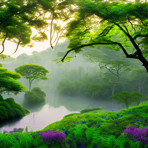AI generated: Expansive landscape where diverse biomes blend. Majestic forests with towering ancient trees and eme...