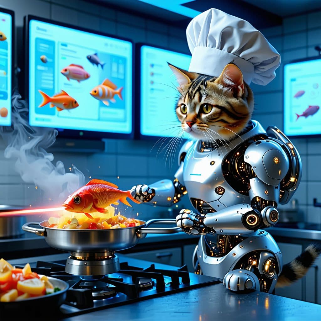 AI generated: A cat in a silver futuristic cybernetic suit with a chef's hat is frying a fish that floats on an an...