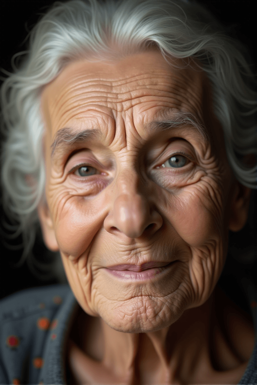 AI generated: A close-up portrait of an elderly woman with deep character lines etched into her face, reflecting a...