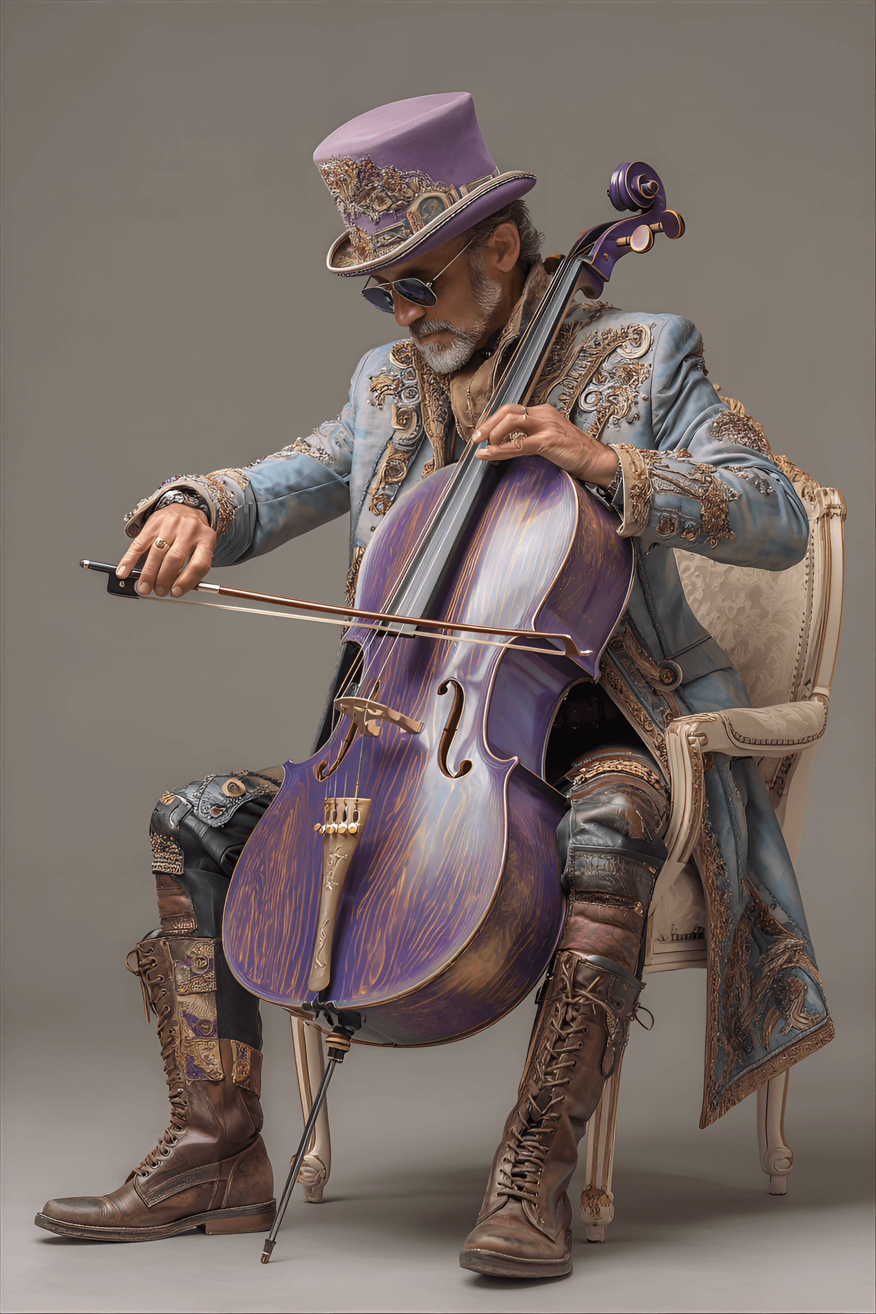 AI generated: middle-aged man, likely of European descent, is depicted playing a cello.He has dark hair, a trimmed...