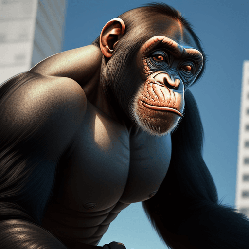 AI generated: O homem gigantesco com máscara de Chimpanzé. coloca uma metrópole minúsculo pénis. Extremely low ang...