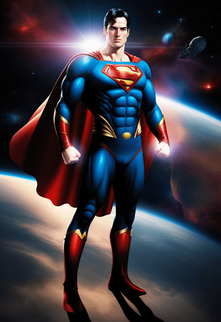 AI generated: Superman in space, fists clenched, realistic, dramatic light, head to toe full body shot, 