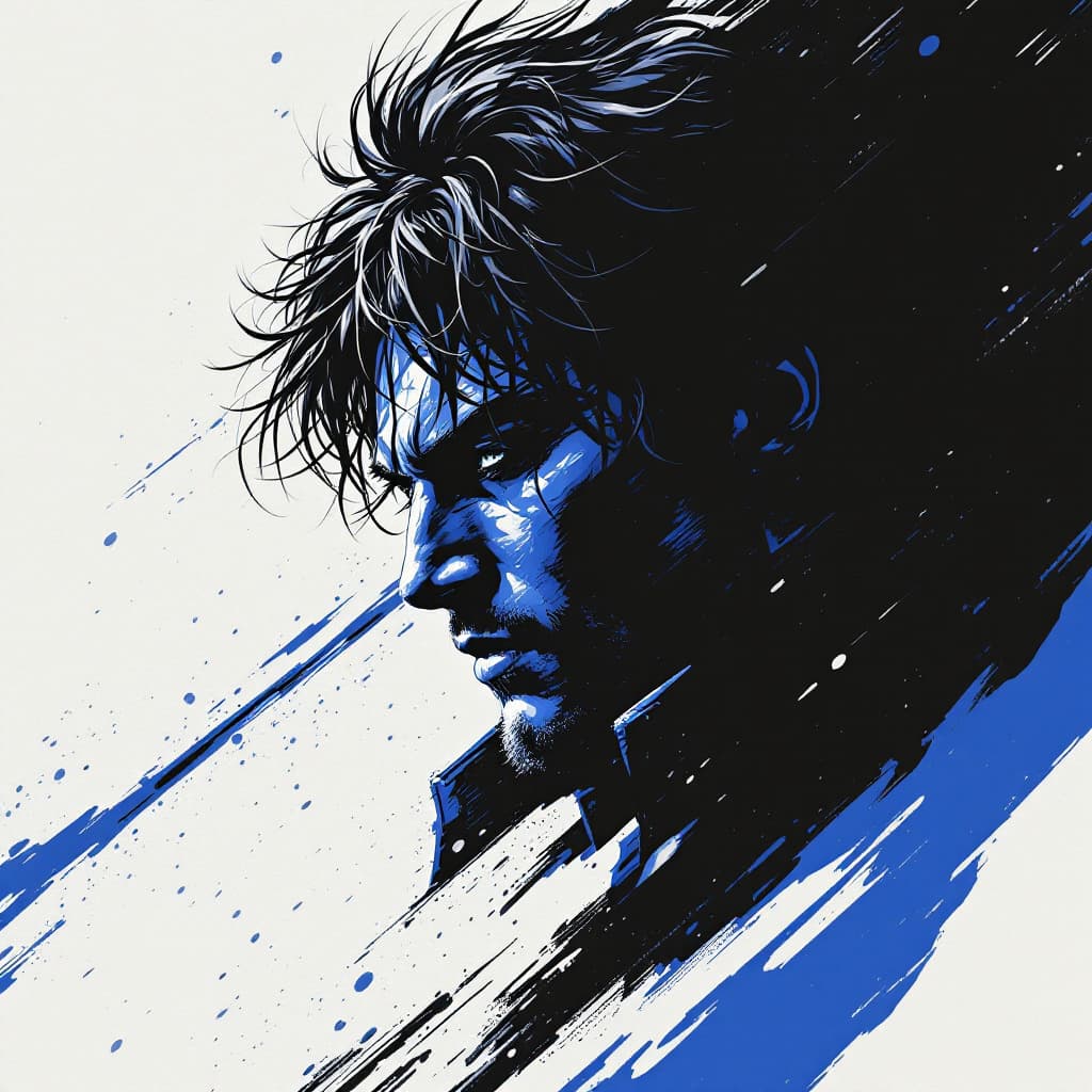 AI generated: movie poster, male character in black, white and blue, in the style of yoh nagao, light-focused