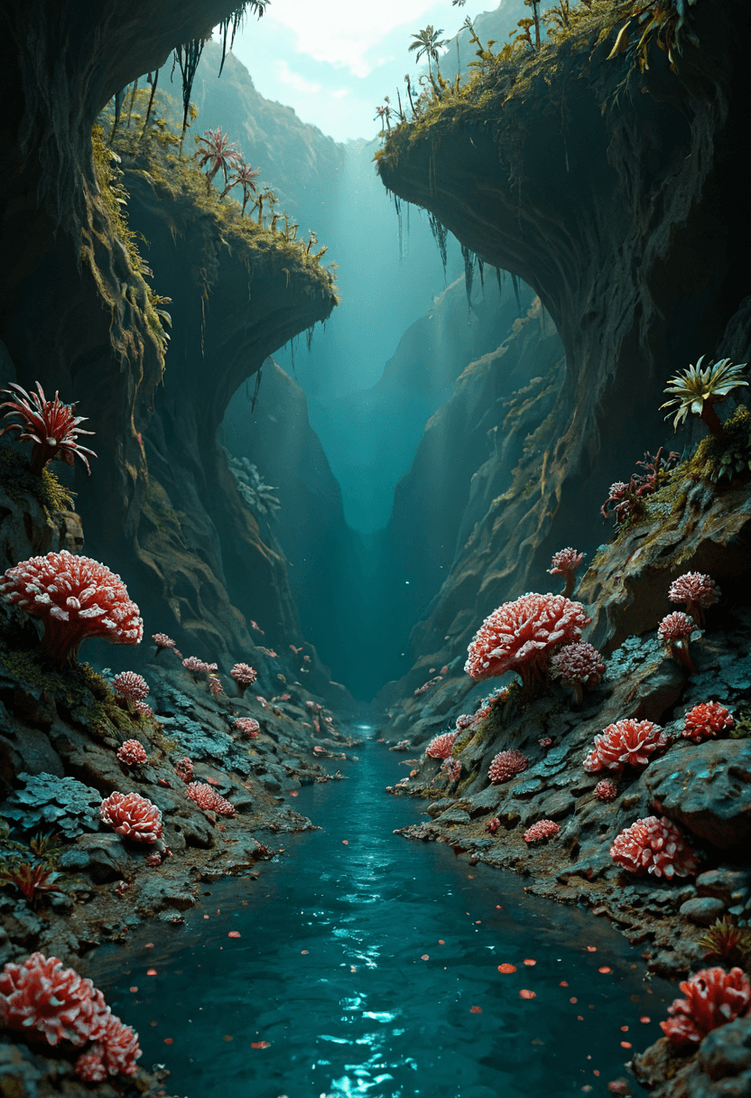 AI generated: concept art A deep, alien ocean with bioluminescent plankton creating shifting waves that light up a...