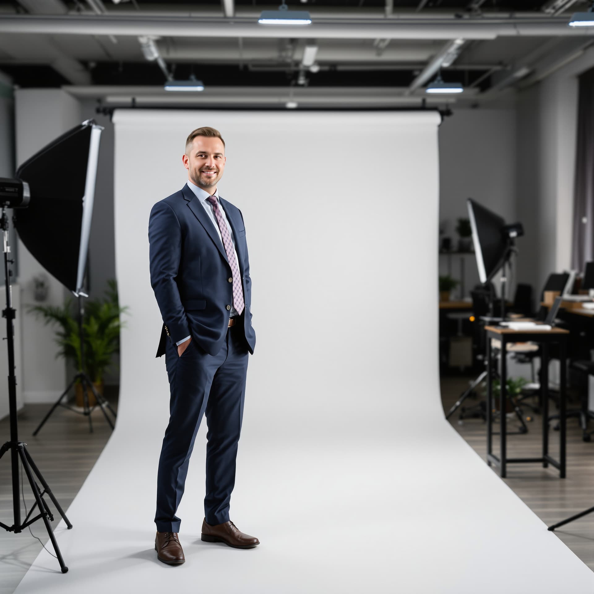 AI generated: business man posing in photography studio against office backdrop