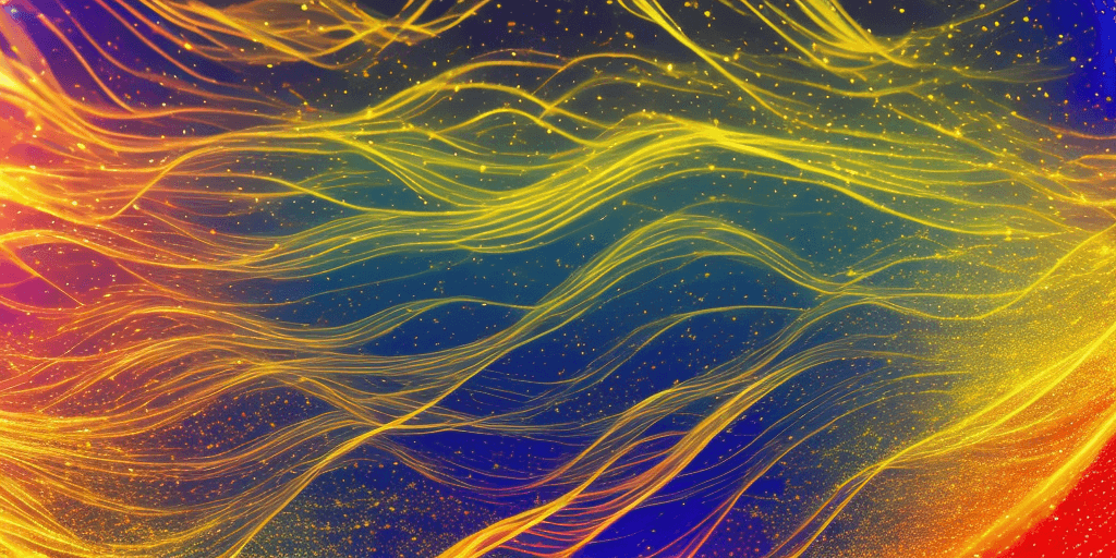 AI generated: vibrant multicolor magic poly flowing, vibrant multicolor magic poly particle waves flow with golden...