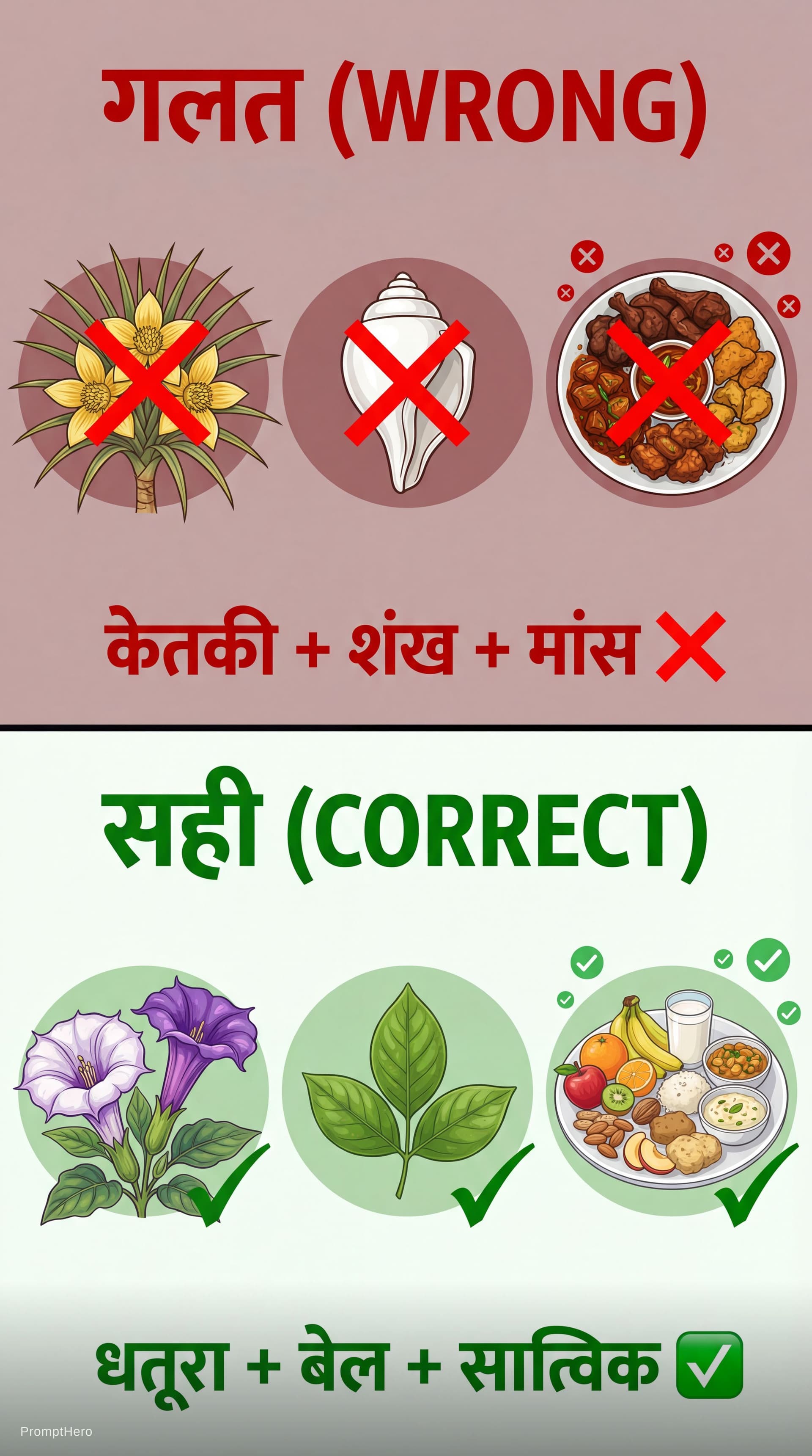 AI generated: **TOP HALF (गलत)**: केतकी फूल + शंख + तामसिक भोजन plate, multiple red ❌। Text: "केतकी+शंख+मांस ❌"

*...