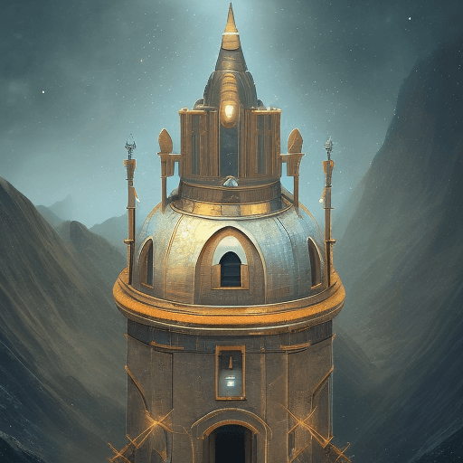 AI generated: a lonely spire in the middle of the mountain range and a girl with a port tower in it, in front of, ...