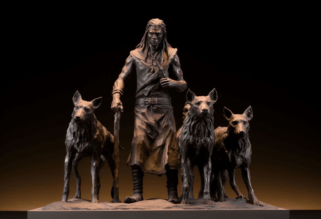 AI generated: bronze statue portraying person and his three sons with a wolf, in the style of art of the upper pal...
