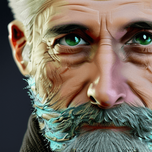 AI generated:  A portrait of a man with gray beard, face with green eyes that are detailed with variegated shades....