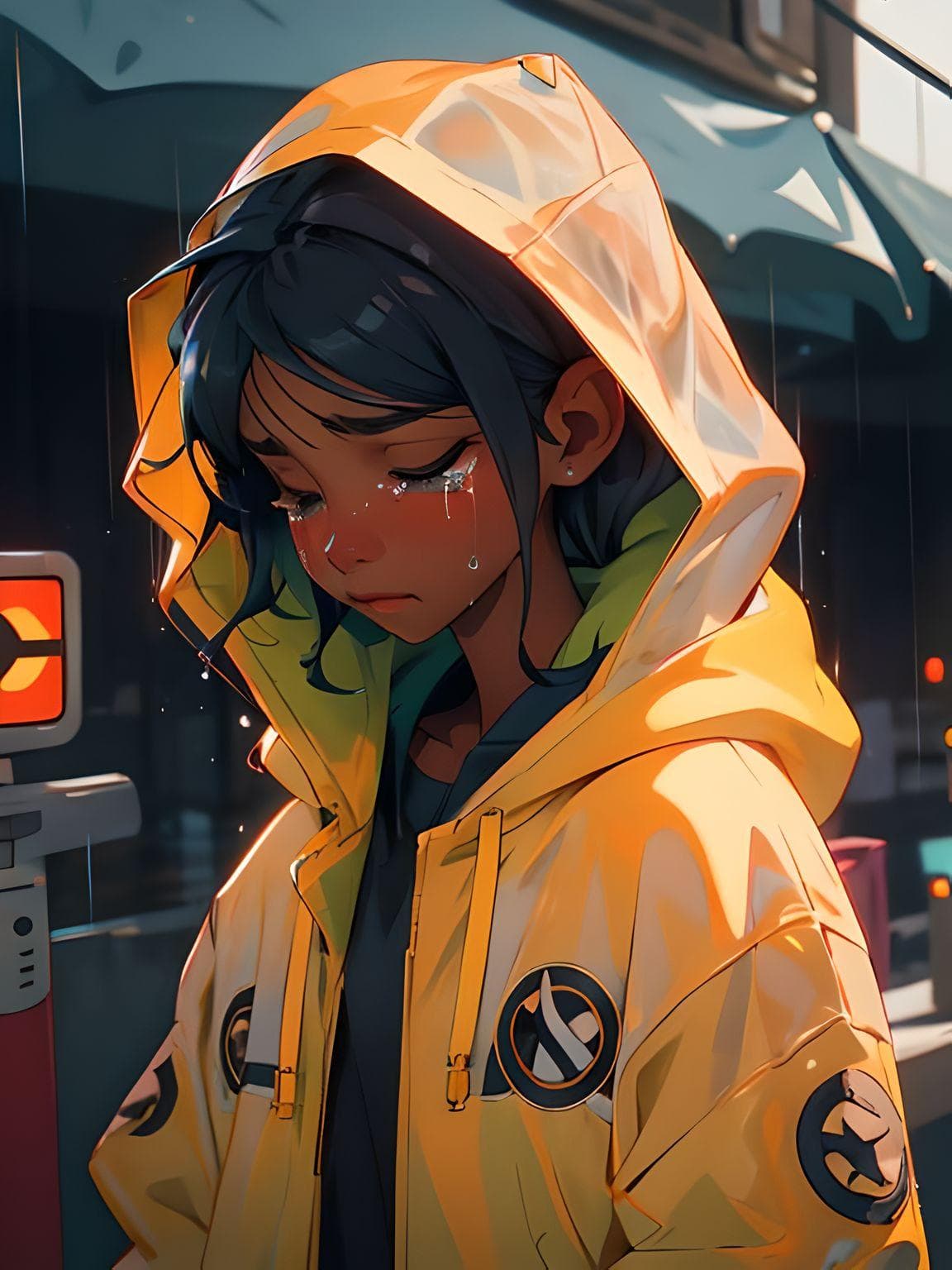 AI generated: (best quality, masterpiece), 1girl, (dark skin), hoodie, rainy, crying, looking down, wet,