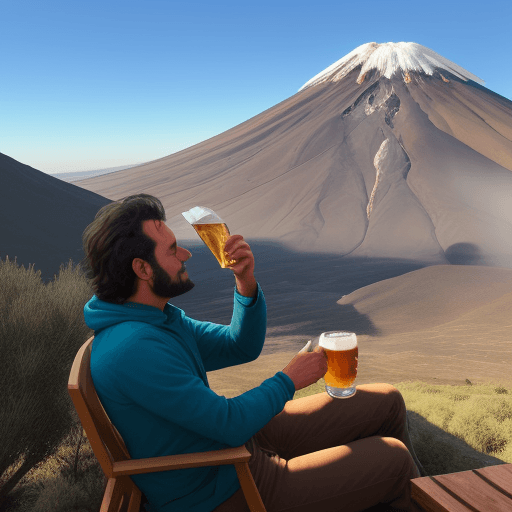 AI generated: UN VARON TOMANDO UNA CERVEZA MIRANDO UN VOLCAN
