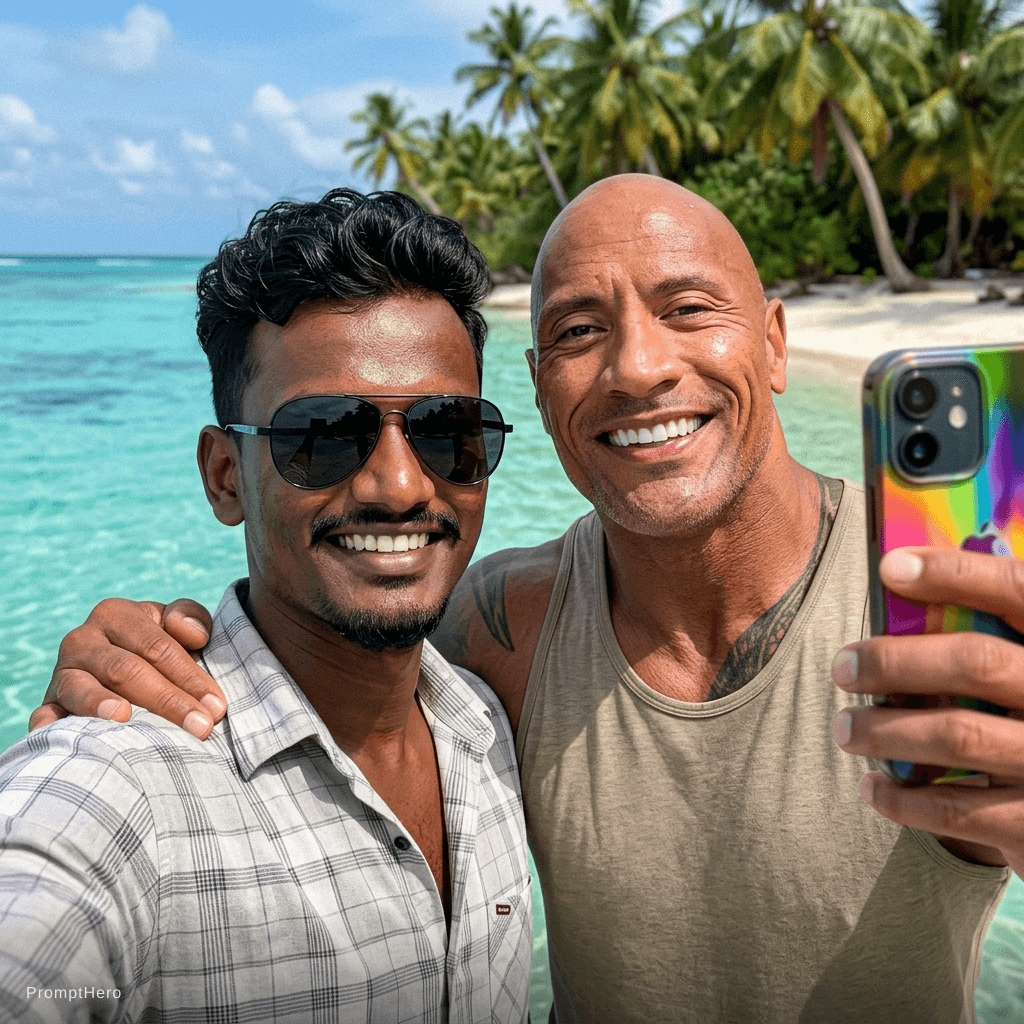 AI generated: with Dwayne Johnson at a tropical beach, sunny day, both smiling