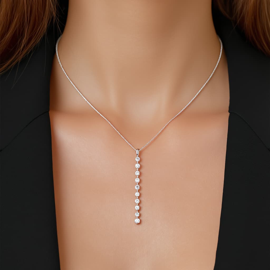 AI generated: Minimalist luxury diamond drop necklace in 18K white gold featuring a delicate fine chain and an ele...