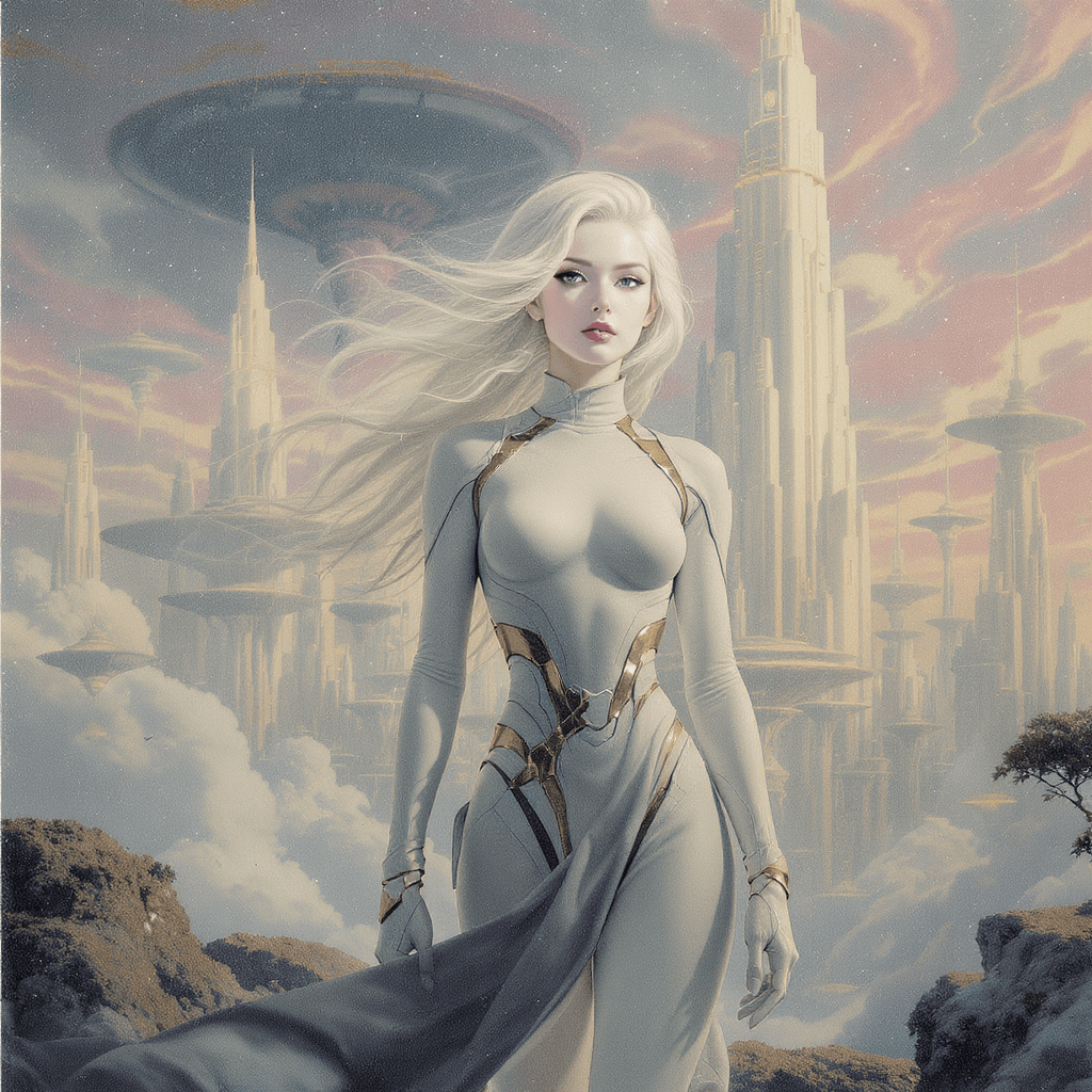 AI generated: Full-body shot of a stunning 16-year-old woman with flowing white hair, standing confidently in a dr...