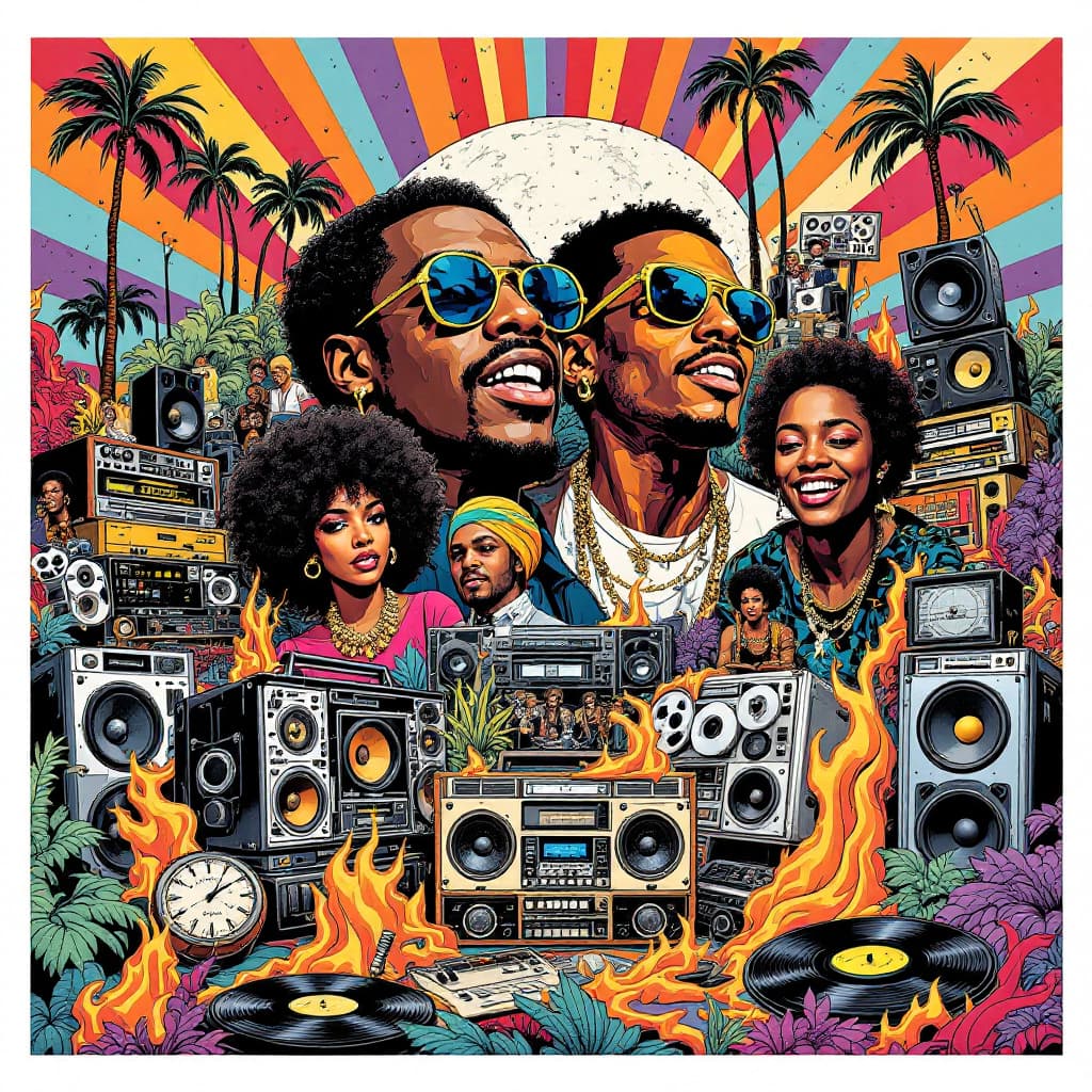 AI generated: A vibrant collage of funk legends and retro audio gear — reel-to-reel decks, boomboxes, soul singers...