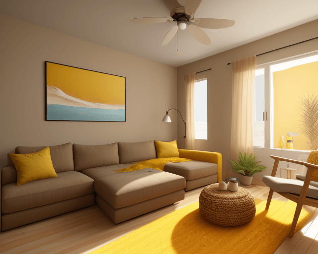 AI generated: sand color modern, primitive decoration of a living room, big yellow paintings, 4k, unreal engine 5,...