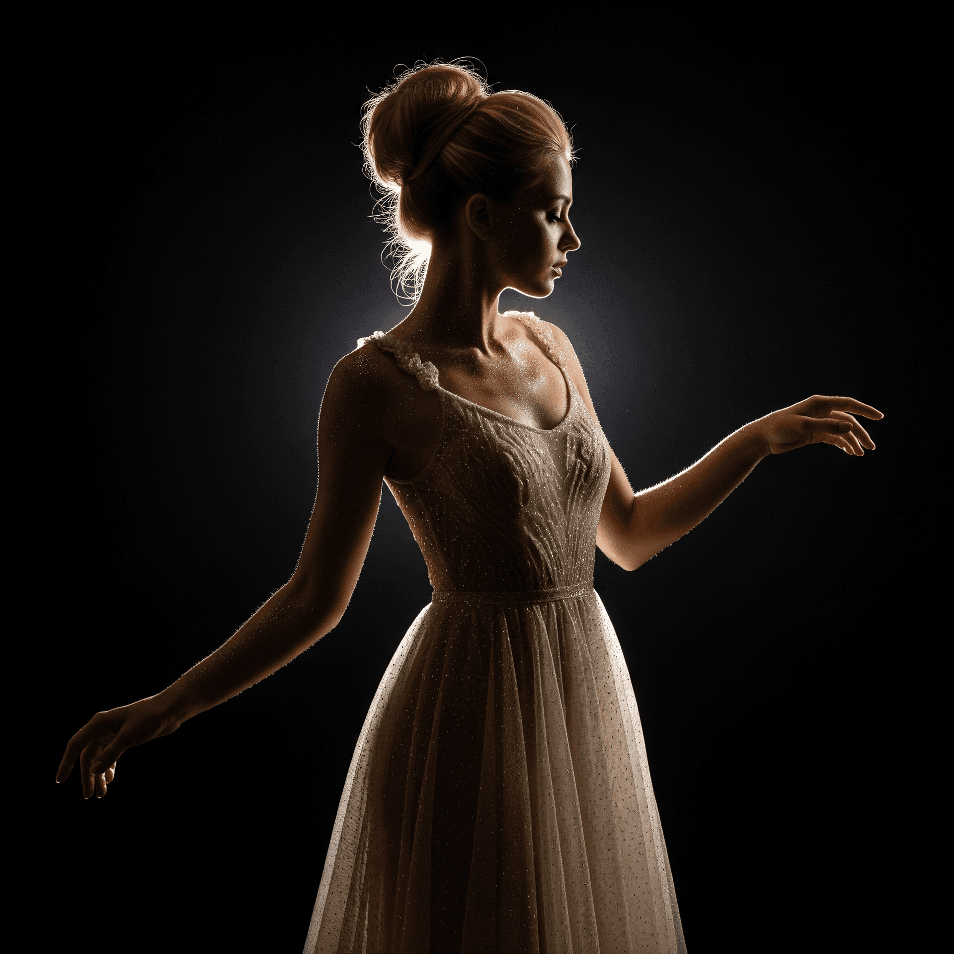 AI generated: Elegantly posed woman, blonde updo, sheer glittering champagne dress, high contrast backlighting, fi...