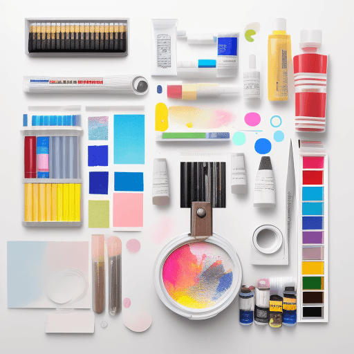 AI generated: Knolling paint and draw art supplies on a white background, ultra realistic, 8k --s 750 