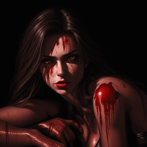 AI generated: blood drops on a woman's body, killer, shiny eyes, elegant, lovely, dark, dramatic light, in the sty...