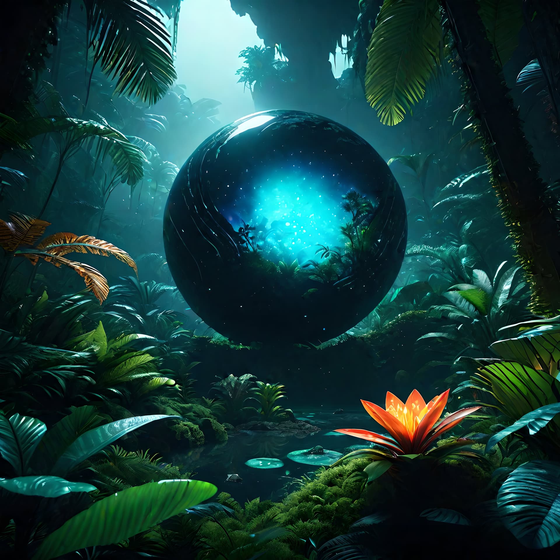 AI generated: otherworldly alien planet that contains a rainforest with bioluminescent light, overgrown, detailed ...