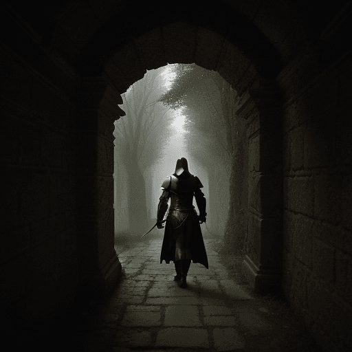 AI generated: The photo shows a figure in dark armour and hood, holding a sword and walking through an ancient sto...