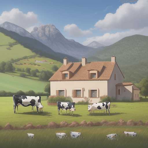 AI generated: Realistic paint. A Catalan countryside house. Surrounded by small mountains and meadows with grazing...
