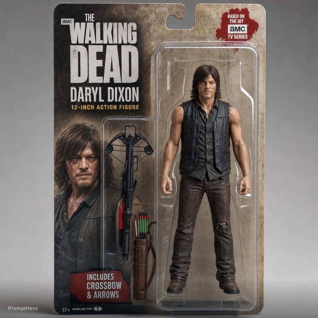 AI generated: a hanging card, Available in individual packaging, Toys for adults,a action figure of daryl dixon fr...