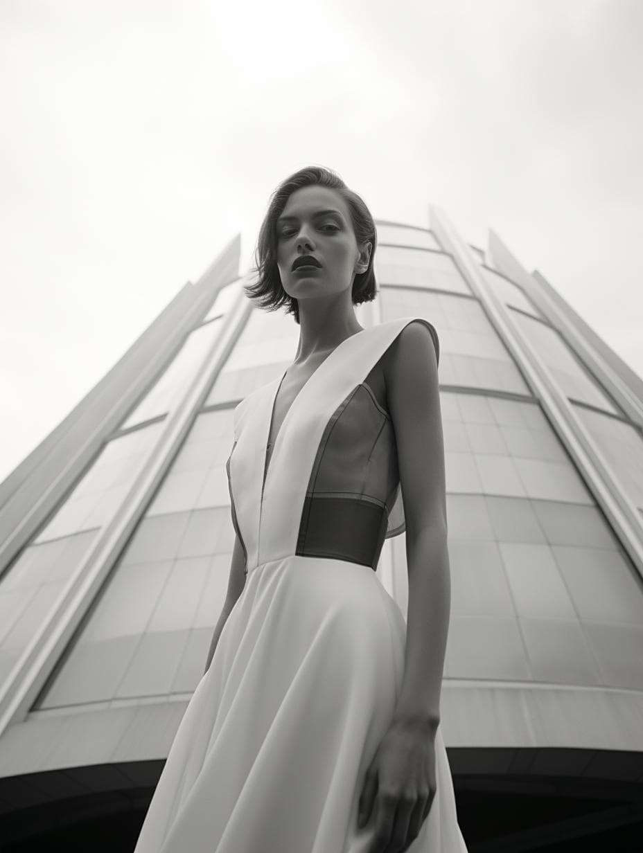 AI generated: a black and white photo of a woman standing in front of a building, kiko mizuhara, as a retro futuri...