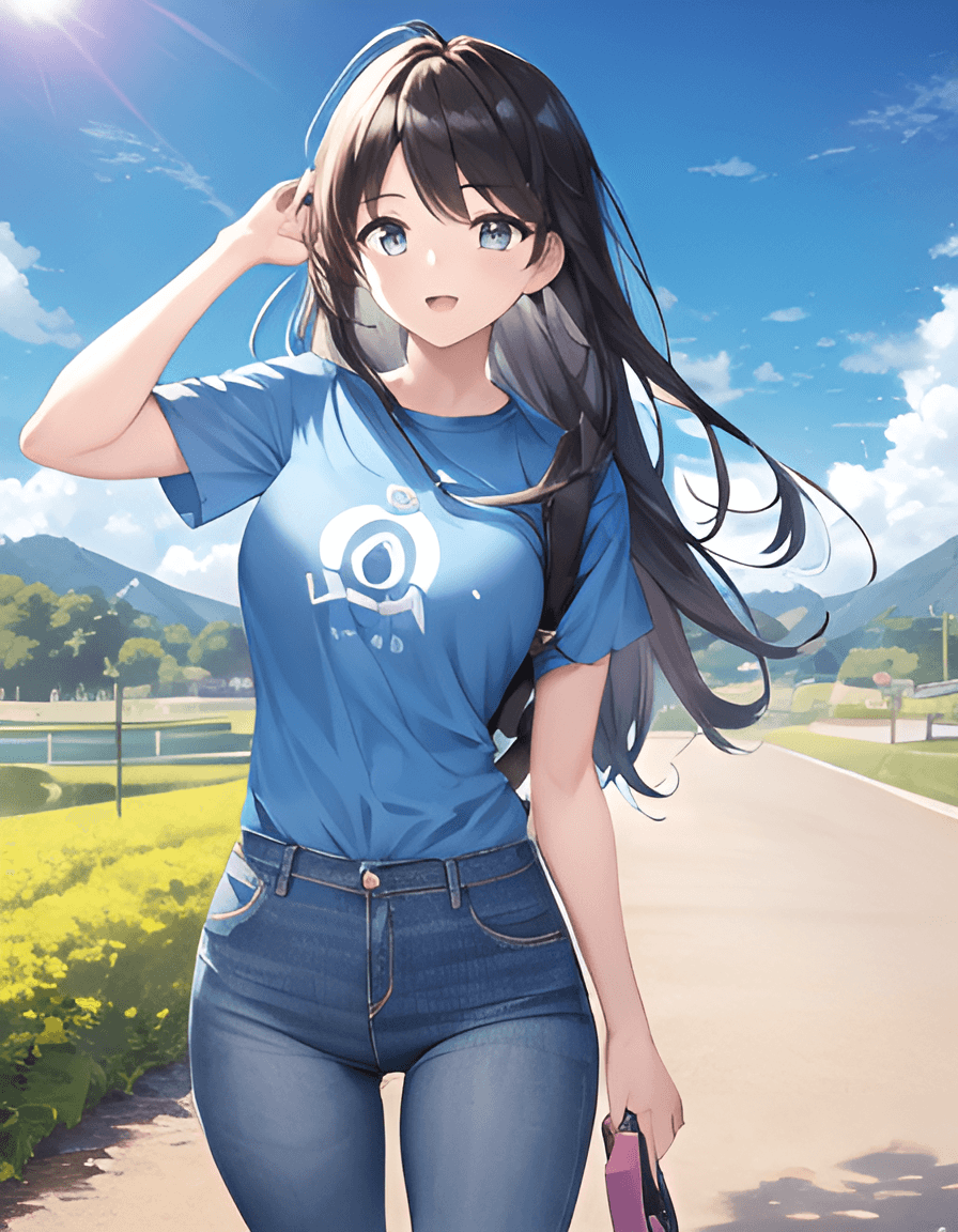 AI generated: 1girl, 20 years old, outdoors, perfect anime quality, sunny, beautiful scenery, path, blue t-shirt, ...