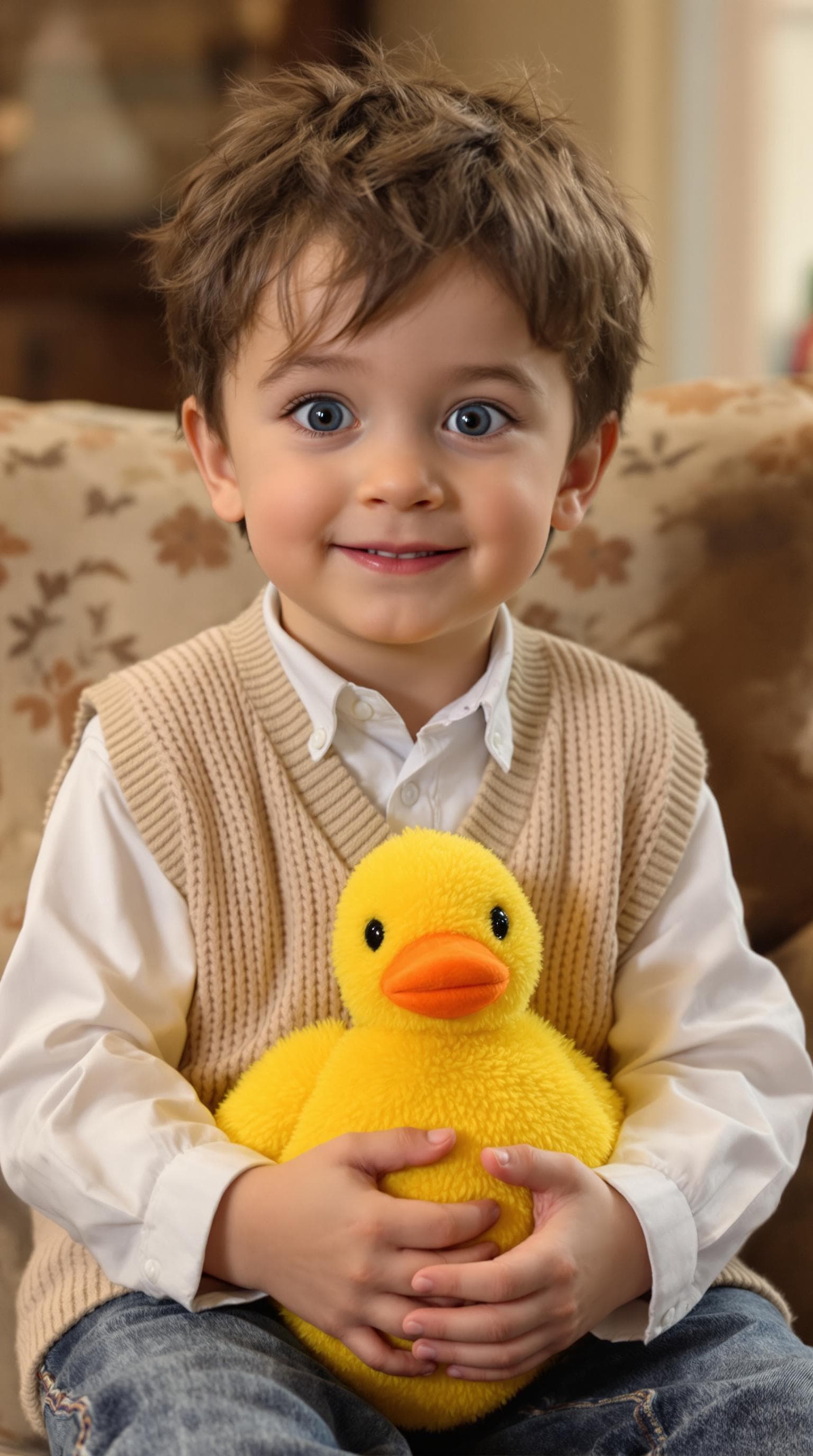 AI generated: A hyper-realistic toddler boy inspired by Chandler Bing from the TV show FRIENDS, sitting indoors ho...