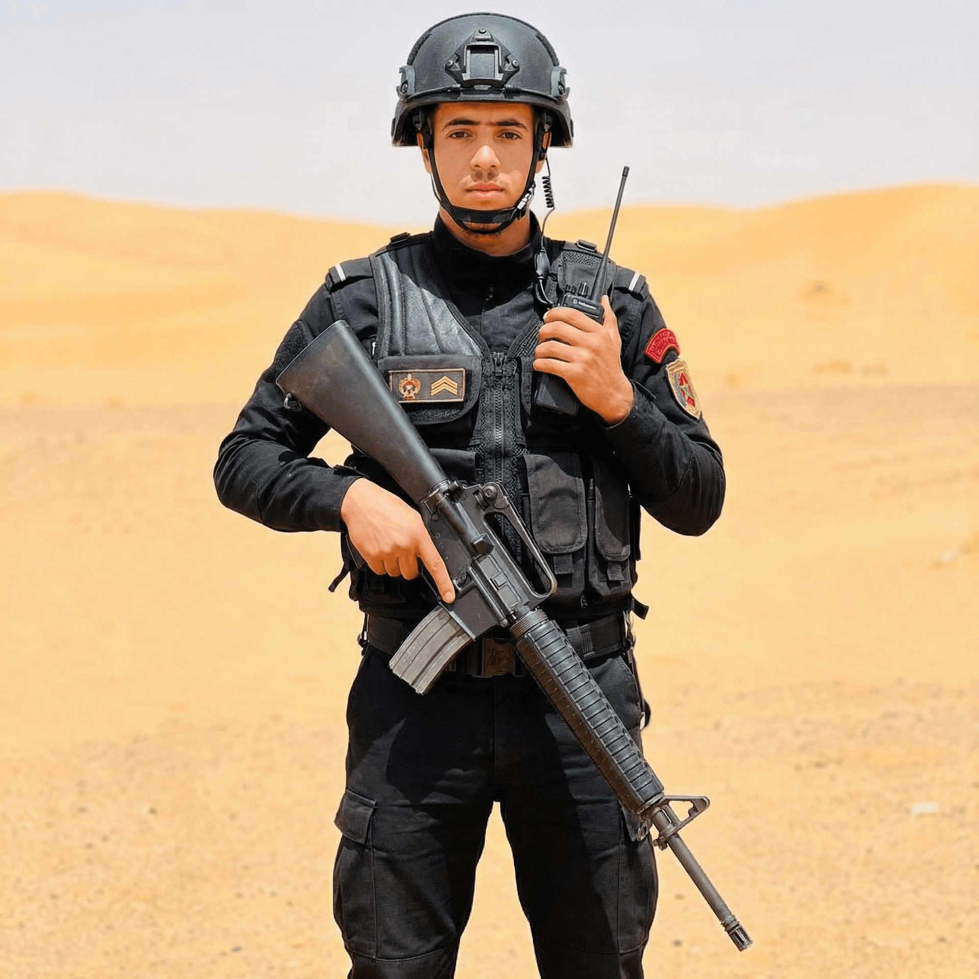 AI generated: Military uniform, Moroccan special forces, black uniform, M16 weapon, remote communication device, f...