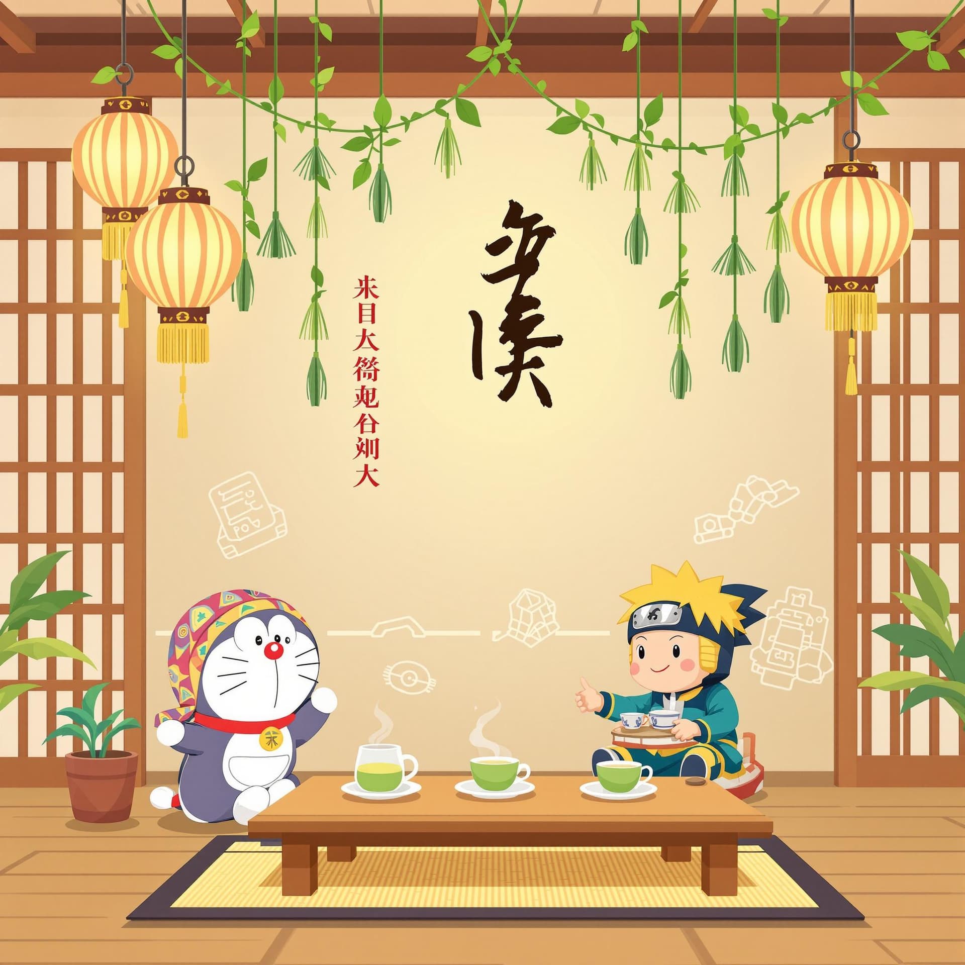 AI generated: Illustration of Hari Raya decorations with a Japanese touch. There are Japanese-style lanterns hangi...