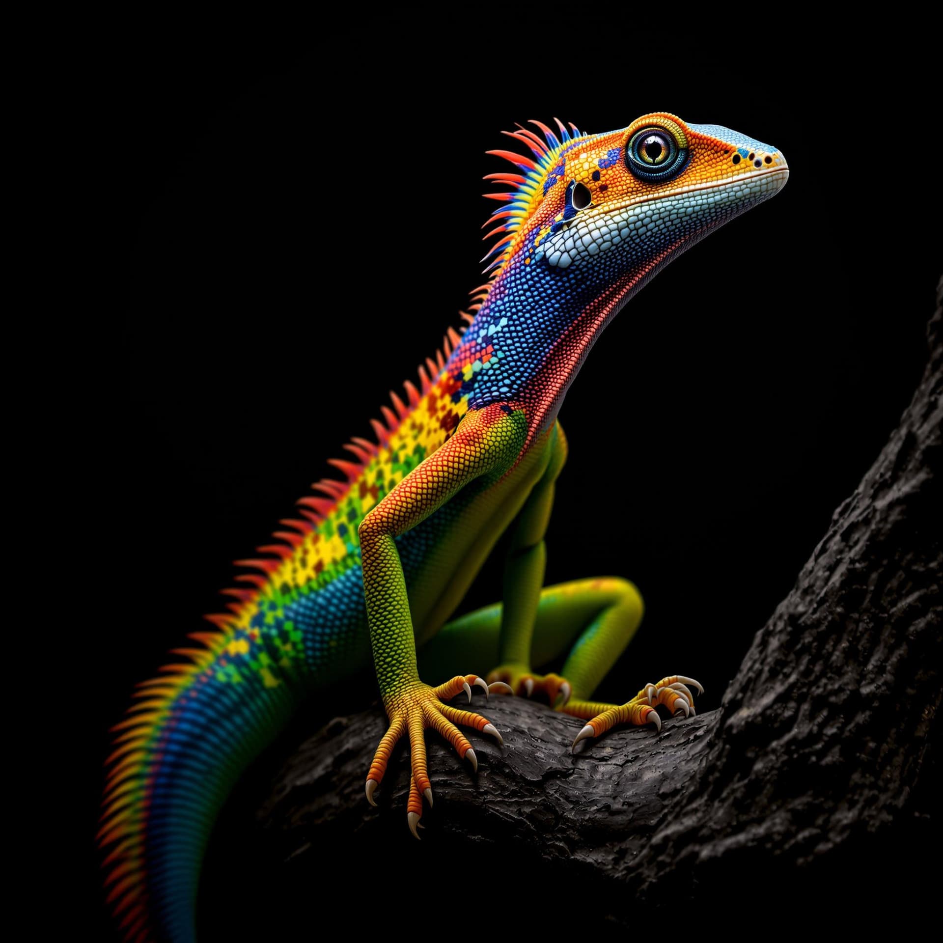 AI generated: The portrait image features a large, colorful lizard with a long neck and a long tail. The lizard is...