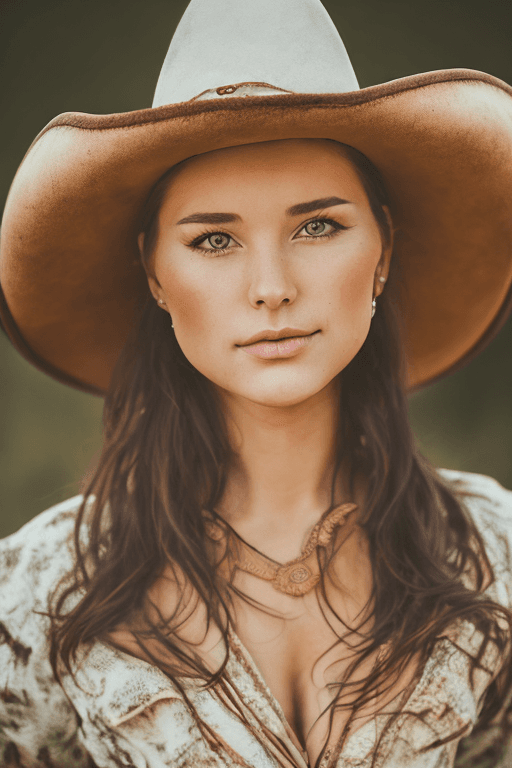 AI generated: professional portrait photograph of gorgeous rancher girl, (((sultry flirty look))), beautiful symme...