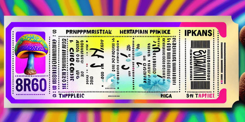 AI generated:  Hyper realistic printed ticket pdf, with name Miguel, with draw mushrooms, happiness, colorful; 8k,...