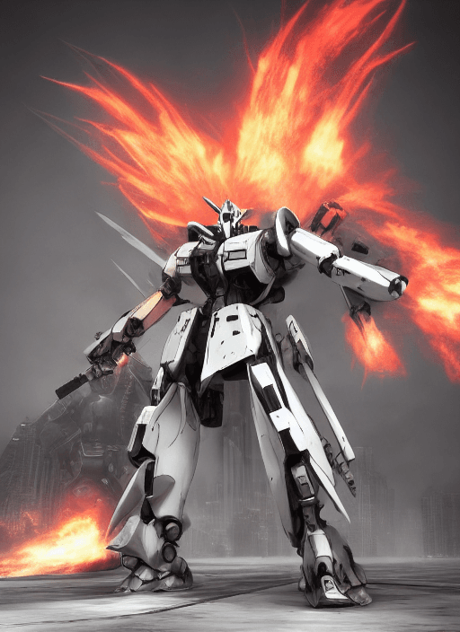 AI generated: A from software mecha fighting with a gun, Flames in background, Detailed body, full body, detailed ...