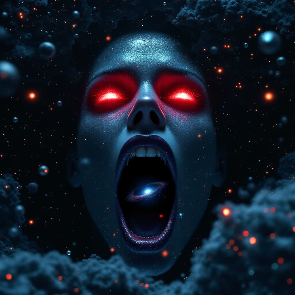 AI generated: enormous giantess sigourney weaver bigger than a galaxy floating in space, minuscule galaxy in front...