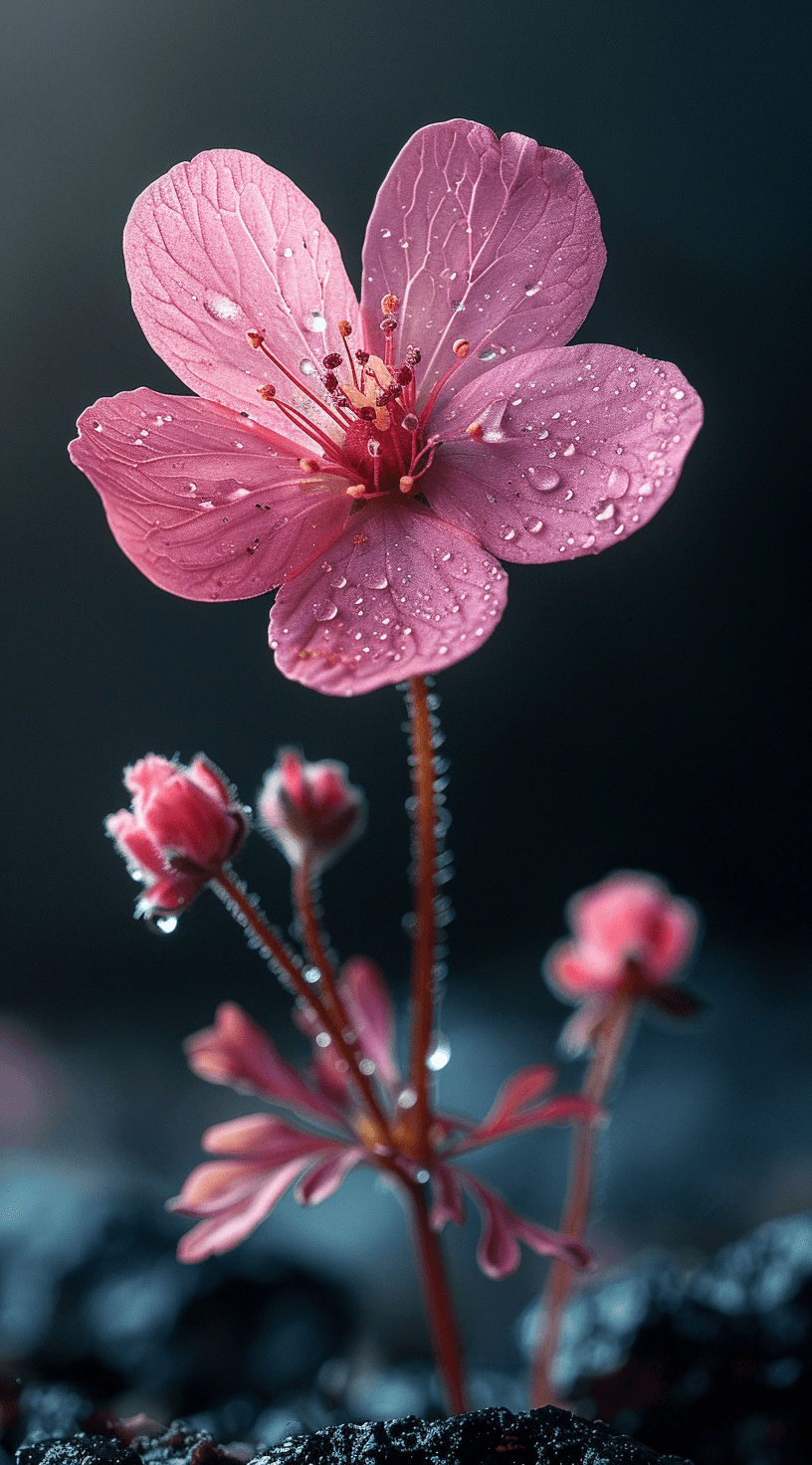 AI generated: Photo of a single pink wildflower against a black background, in an ultra-realistic photographic sty...