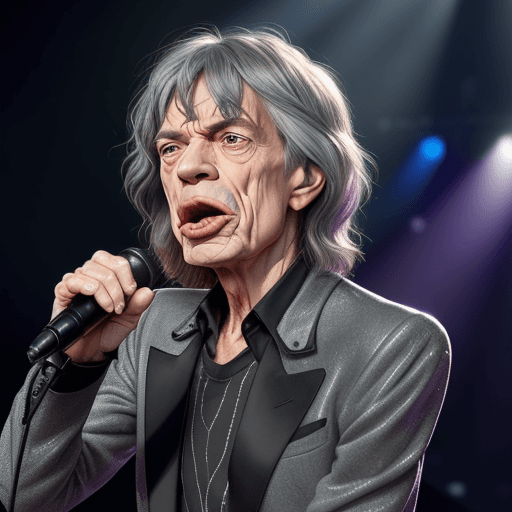AI generated: Hyper realistic photo of 90 yo Mick Jagger, grey hair, wrinkles, singing on stage
